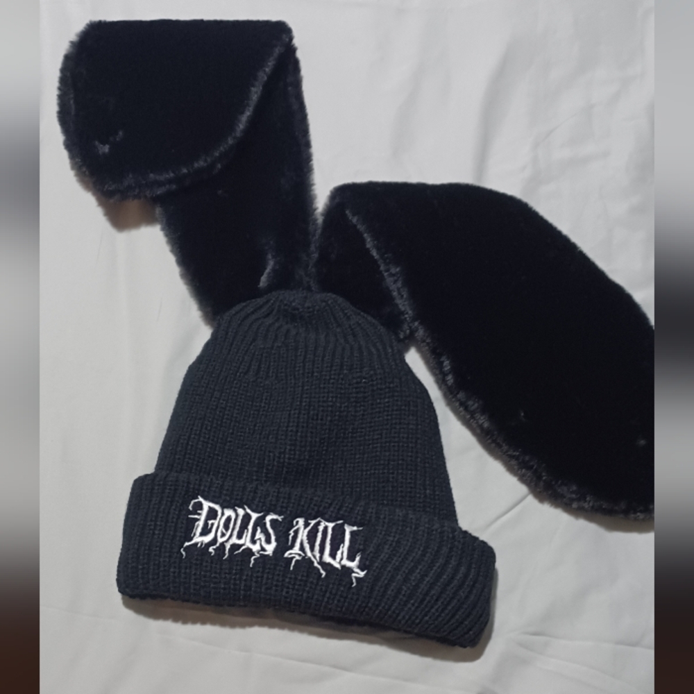 Dolls Kill Black Beanie with Ear Flaps